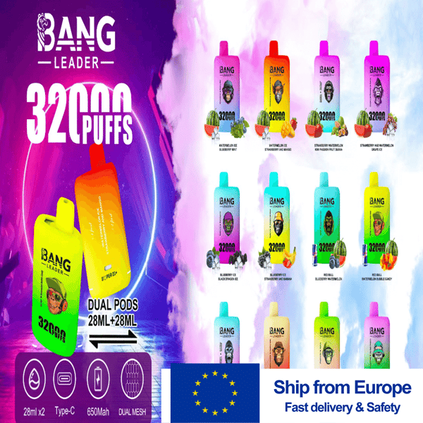 Publicité Bright Bang Leader pour le vape à double dosette 32 Puffs, avec deux dosettes de 28 ml (jaune et orange) au premier plan, une grille de bouteilles d'arômes colorées à droite et un badge ' Expédié depuis l'Europe ' en bas.
