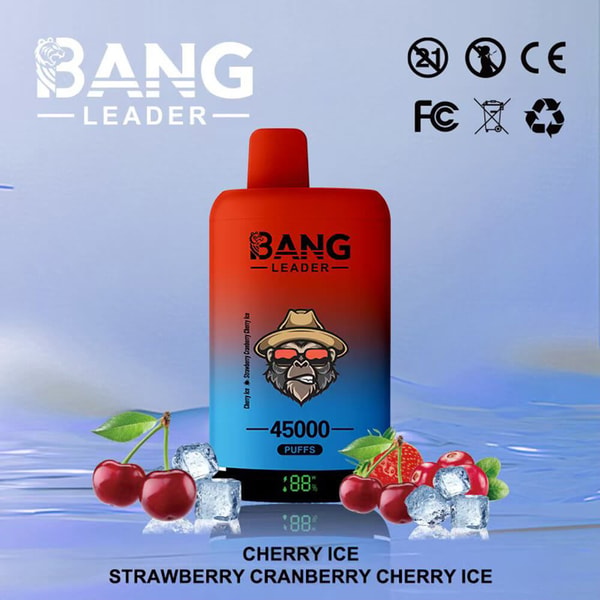 A red-to-blue gradient Bang Leader vape bottle featuring a gorilla with a hat and 45,000 puffs, set among cherries, ice cubes and berries against a blue water background, with the flavor line Cherry Ice Strawberry Cranberry Cherry Ice.