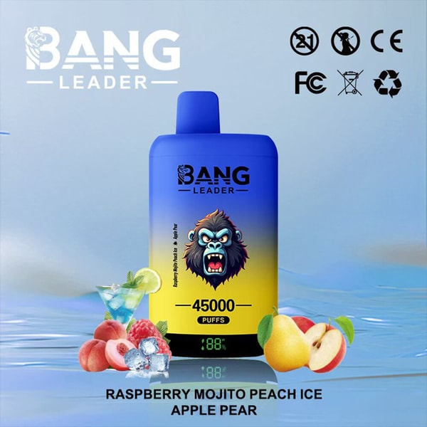 Blue to yellow Bang Leader vape bottle with a fierce gorilla logo, advertising 45,000 puffs, surrounded by fruit visuals and the flavor Raspberry Mojito Peach Ice Apple Pear.