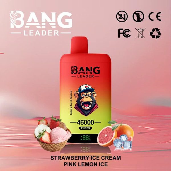 Bang Leader disposable vape bottle with a red-to-yellow gradient and a snarling gorilla wearing a cap, labeled 45,000 puffs, shown with strawberry ice cream, grapefruit slices and ice cubes on a pink background; flavor—Strawberry Ice Cream Pink Lemon Ice—appears at the bottom, with certification icons in the upper right.