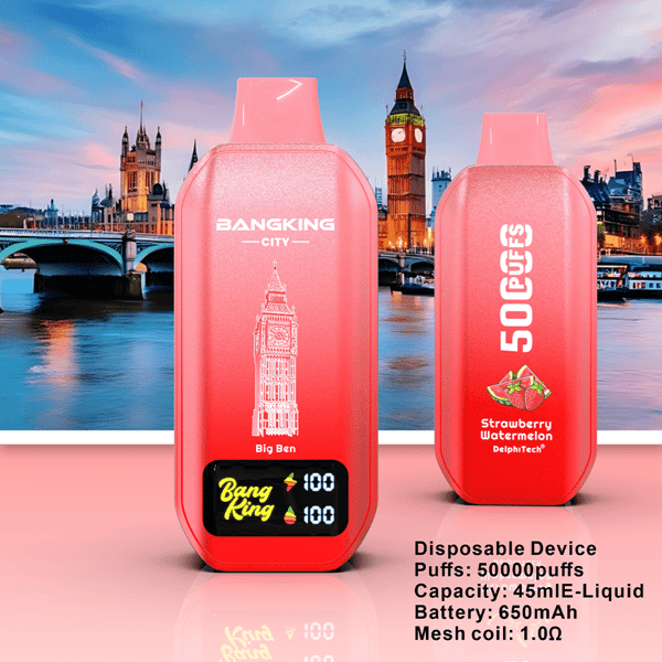 Dwa różowe jednorazowe urządzenia do waporyzacji przed panoramą Londynu z Big Benem.