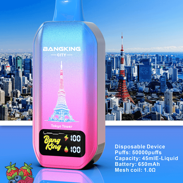 Gradientowy, różowy do niebieskiego jednorazowy waporyzator z logo Tokyo Tower i BangKing City na tle panoramy Tokio.