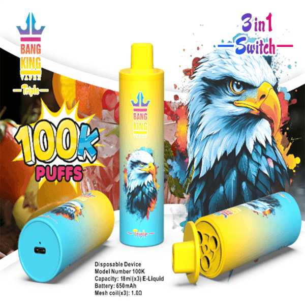 Appareil de vape jetable de Bang King, avec un capuchon jaune et un corps dégradé bleu à jaune montrant un graphique d'aigle et la marque ' 100K Puffs ', affiché avec sa bouteille cylindrique sur un fond coloré.