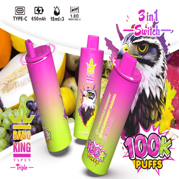 Trois stylos vape dégradés rose à vert avec la marque Bang King, un en-tête Switch 3 en 1 audacieux et un graphique 100K Puffs, sur un fond rempli de fruits.