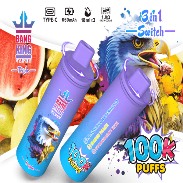Image promotionnelle vibrante pour Bang King Vape montrant deux stylos vape jetables violets avec des corps bleu dégradé, la marque Bang King et une illustration d'un aigle et d'un fruit colorés, mettant en valeur 100 000 bouffées et un interrupteur 3-en-1.