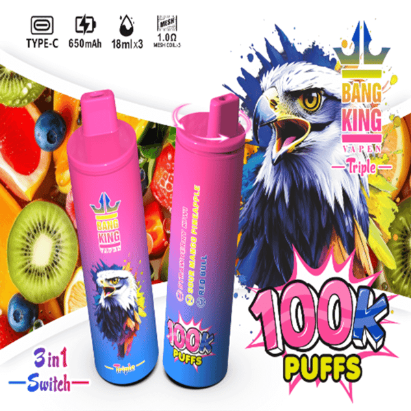 Deux stylos vape Bang King roses avec un graphique d'aigle bleu se dressent sur un collage de fruits vibrant, avec le texte en gras ' 100K PUFFS ' et la marque ' 3 in 1 Switch '.