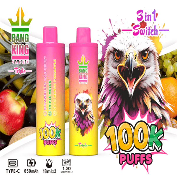 Publicité lumineuse Bang King Vapen présentant deux bouteilles de vape dégradées roses avec un graphisme d'aigle audacieux, l'étiquette 100K PUFFS et un badge Switch 3 en 1 sur un fond de fruits coloré.