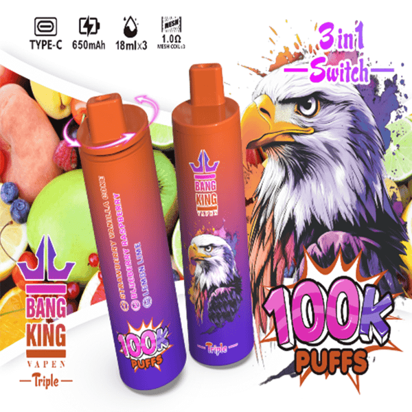 Publicité vibrante pour Bang King Vape comprenant deux stylos vape violet-orange avec des embouts orange, des graphismes audacieux de 100 000 Puffs et un fond stylisé d'aigle et de fruit faisant la promotion d'un commutateur 3-en-1.