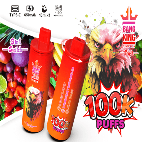 Stylos vape jetables Bang King orange vif avec un logo d'aigle, comprenant un interrupteur 3-en-1 et 100 000 bouffées, sur un collage de fruits colorés et un fond éclaboussant.