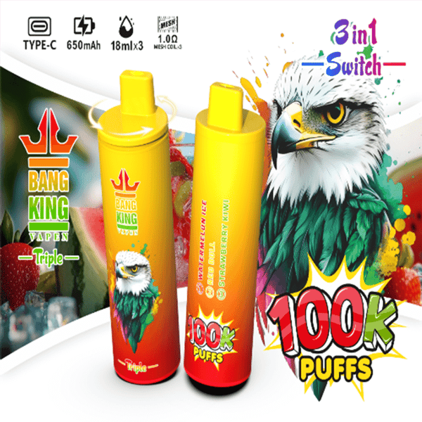 Deux stylos vape jetables jaunes avec une base dégradée rouge se tiennent debout à côté d'une illustration d'aigle audacieuse et de graphismes colorés, avec la marque Bang King Vape et le grand texte ' 100K Puffs ' et ' 3 in 1 Switch '.