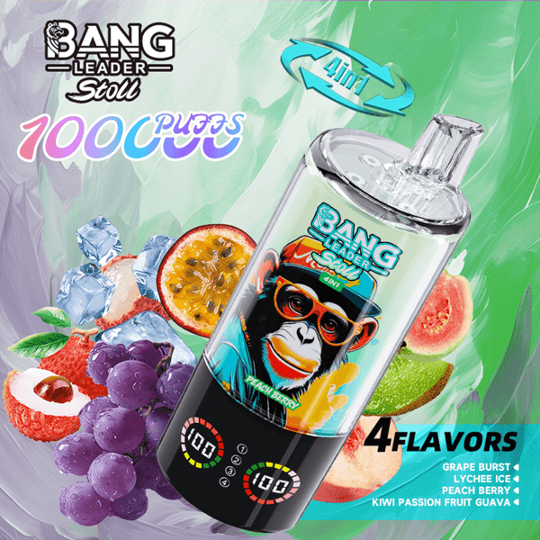 Werbebild eines Bang Leader-Vape-Geräts mit durchsichtigem Tank und schwarzem Sockel, umgeben von bunten Früchten und dem Text '4 Flavours'.