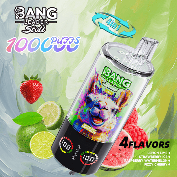 Une publicité lumineuse pour Bang Leader Stoll comprend une grande bouteille transparente avec un graphique de lama arc-en-ciel coloré sur l'étiquette, un badge 4-en-1 vert et bleu et une base noire, parmi des citrons, des citrons verts et des fraises avec le texte 4 saveurs : citron vert, glace à la fraise, pastèque à la framboise, cerise pétillante.
