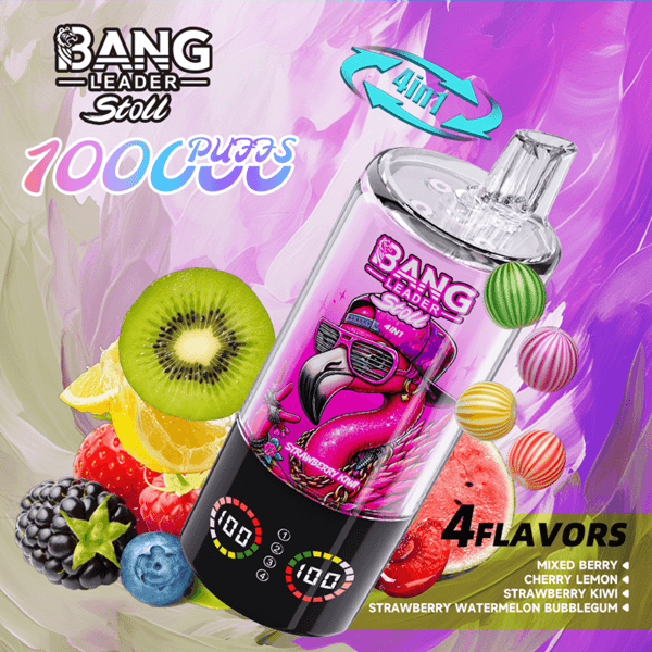 Une bouteille shaker rose transparente avec un flamant rose portant des lunettes de soleil sur l'étiquette, sur un fond violet et entouré de kiwis, de citron, de fraise et d'autres fruits, présentant un graphique 4 en 1 et répertoriant quatre saveurs : Baies mélangées, Citron cerise, Kiwi fraise et Bubblegum fraise pastèque.