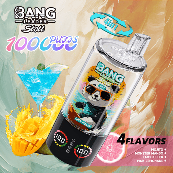 Une illustration promotionnelle lumineuse d'un appareil de vape 4-en-1 Bang Leader Stoll, montrant une bouteille transparente avec un panda portant des lunettes de soleil sur l'étiquette, entourée d'un cocktail bleu, de fruits tropicaux et de la liste de quatre saveurs : Mojito, Monster Mango, Lady Killer et Pink Lemonade.