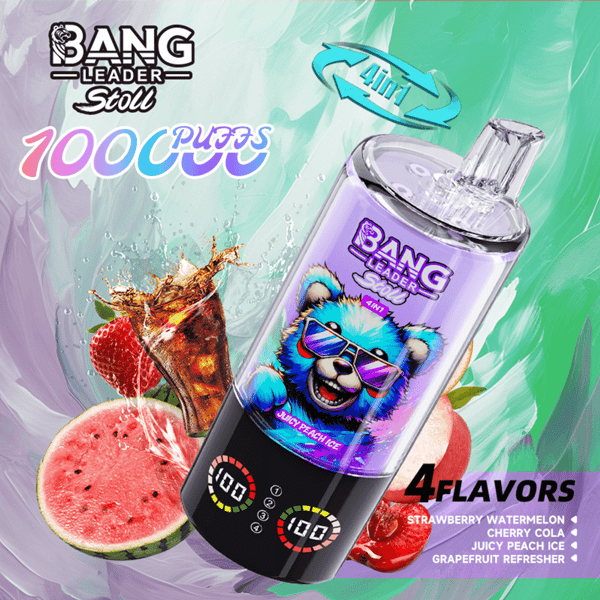 Appareil de vape coloré avec une bouteille violette étiquetée Bang Leader Stoll, mettant en vedette une mascotte d'ours bleu portant des lunettes de soleil, présenté comme une gamme de saveurs 4 en 1 avec des saveurs de fraise, de pastèque, de cola à la cerise, de glace à la pêche juteuse et de rafraîchissement au pamplemousse.
