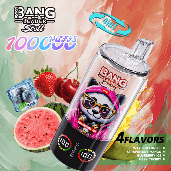 Un appareil de vapotage incliné avec une étiquette rose et noire se trouve parmi de grands graphiques de fruits, notamment de pastèque et de fraise, avec des glaçons et un fond abstrait coloré, ainsi qu'un texte indiquant les quatre saveurs : glace à la pastèque, fraise-mangue, glace à la myrtille et cerise pétillante.