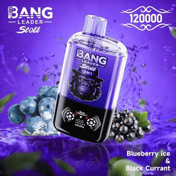 Eine abgewinkelte violette 2-in-1-Flasche von Bang Leader Stoll auf violettem Hintergrund mit Gorilla-Logo, umgeben von Blaubeeren und schwarzen Johannisbeeren mit der Geschmacksrichtung Blueberry Ice & Black Currant.