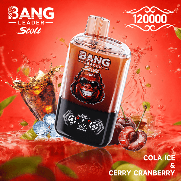 A tilted Bang Leader Stoll energy drink bottle with a cartoon gorilla wearing sunglasses on the label, containing orange-red liquid, set against a bold red splashy background with ice and cherries, and the flavor text Cola Ice & Cherry Cranberry in the corner.