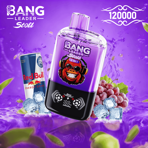A tilted purple Bang Leader Stoll 2-in-1 energy drink bottle featuring a playful monkey with headphones on the label, set against a purple background and surrounded by a Red Bull can, ice cubes, and grape clusters.