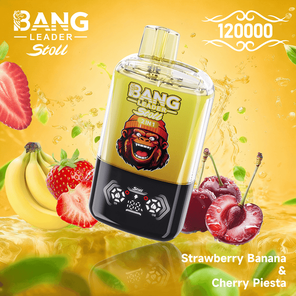 Publicité Bang Leader Stoll jaune vif présentant un appareil de vape central avec un logo de gorille, entouré de fraises fraîches, de bananes et de cerises, avec le nom de saveur Strawberry Banana & Cherry Piesta.