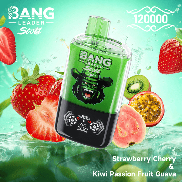 Green Bang Leader Stoll 2-in-1-Flasche mit Gorilla-Logo, schräg auf minzigem Hintergrund, umgeben von Erdbeeren, Kiwis und Passionsfrucht, mit den Geschmacksnoten Erdbeerkirsche und Kiwi-Passionsfrucht-Guave.