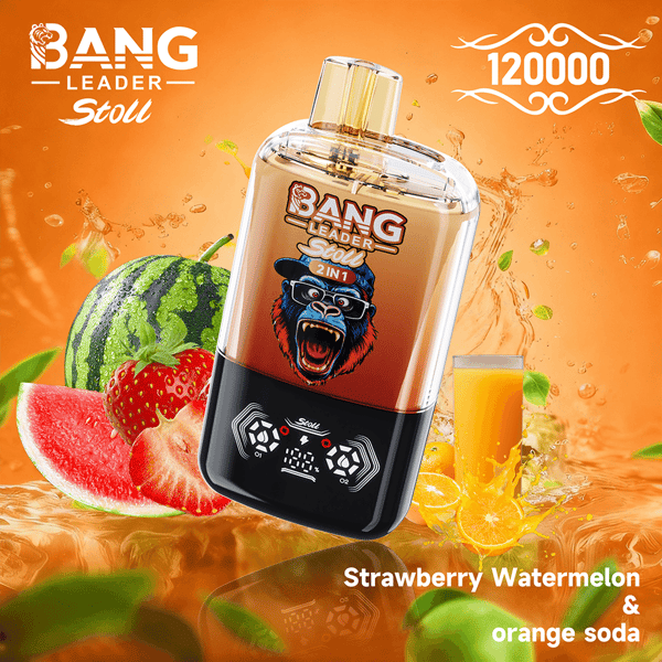 Bright orange background with a large Bang Leader Stoll 2-in-1 bottle featuring a gorilla logo, labeled Strawberry Watermelon & Orange Soda, surrounded by slices of watermelon, strawberry, and orange.