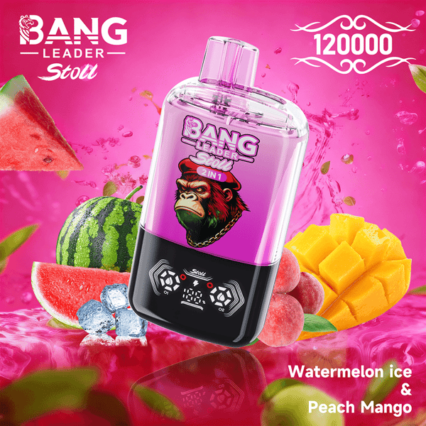 Bright pink advertisement showing a purple Bang Leader Stoli vape bottle with a gorilla logo, surrounded by watermelon slices, mango chunks, and ice, promoting Watermelon Ice & Peach Mango flavor.