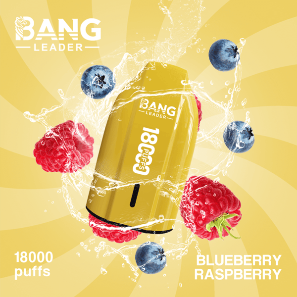 Yellow Bang Leader energy drink can labeled 1800 puffs, featuring Blueberry Raspberry flavor, surrounded by splashing water and fresh blueberries and raspberries on a bright yellow background.