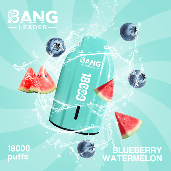 A turquoise Bang Leader energy drink can labeled 18000 puffs is splashed with water and surrounded by blueberries and watermelon slices against a teal background, indicating the Blueberry Watermelon flavor.