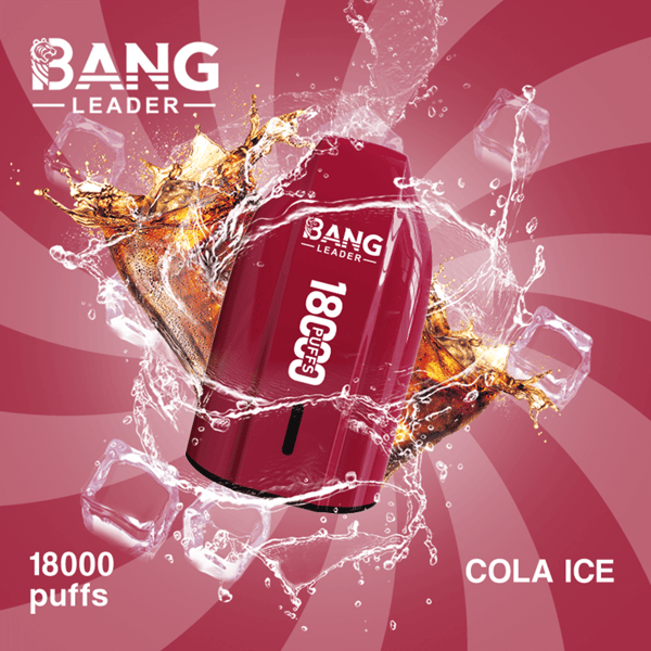 A red Bang Leader vape device labeled Cola Ice is shown amid splashing liquid and ice blocks against a pink spiral background.