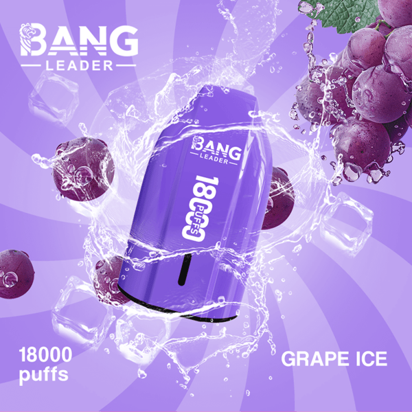 A purple Bang Leader disposable vape device featuring 18000 puffs, Grape Ice flavor, shown with grapes and ice cubes against a purple background.