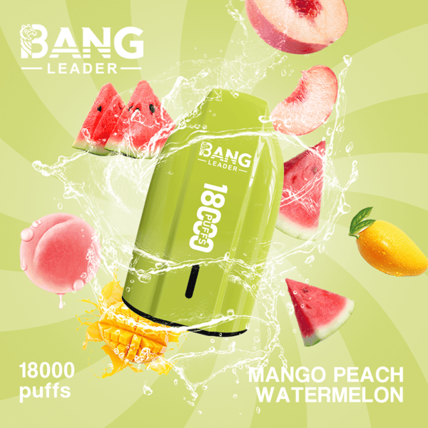 Center, a lime-green Bang Leader energy drink can tilted amid splashing liquid, surrounded by watermelon slices and pieces of peach and mango, advertising 18000 puffs and the Mango Peach Watermelon flavor.