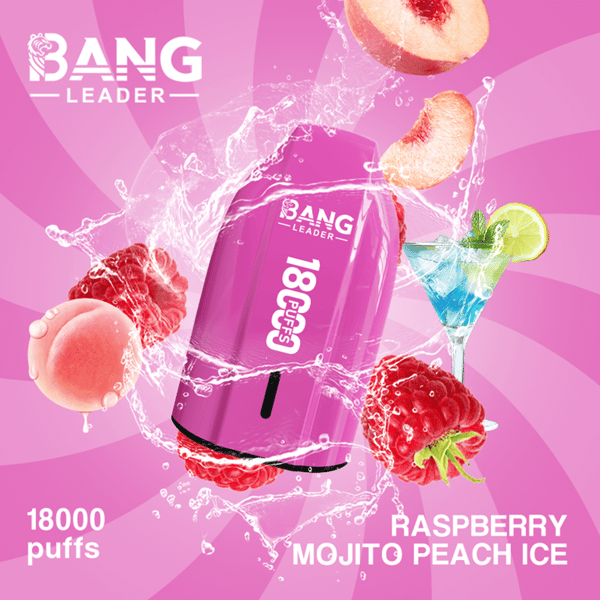 Pink Bang Leader disposable vape device surrounded by splashing water with raspberries, peaches, and a lime wedge in a cocktail glass, advertising the Raspberry Mojito Peach Ice flavor and 18,000 puffs.