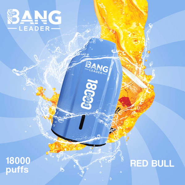 A blue Bang energy can labeled '18000 puffs' tumbles through splashing water and orange liquid against a blue swirl background, with the words 'RED BULL' visible in the lower right.