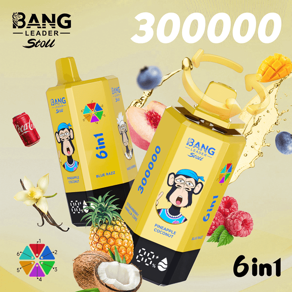 Dwa żółte kartony po napojach 6 w 1 Bang Leader Stool z rysunkową małpką, reklamujące smaki Pineapple Coconut i Blue Razz, wśród obrazów i plam owoców.