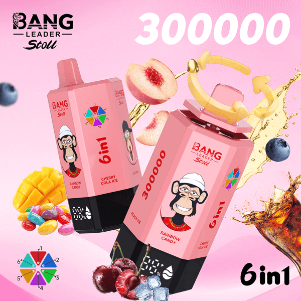 Dwa różowe prostokątne pudełka z produktami na różowym tle, oznaczone etykietą 6w1 o smakach Rainbow Candy i Cherry Cola Ice, otoczone grafiką z owocami (mango, brzoskwinie, jagody, wiśnie), grafiką z kołem kolorów, efektami pluskania, zakrzywionymi żółtymi akcentami i dużą liczbą 300000 na górze.