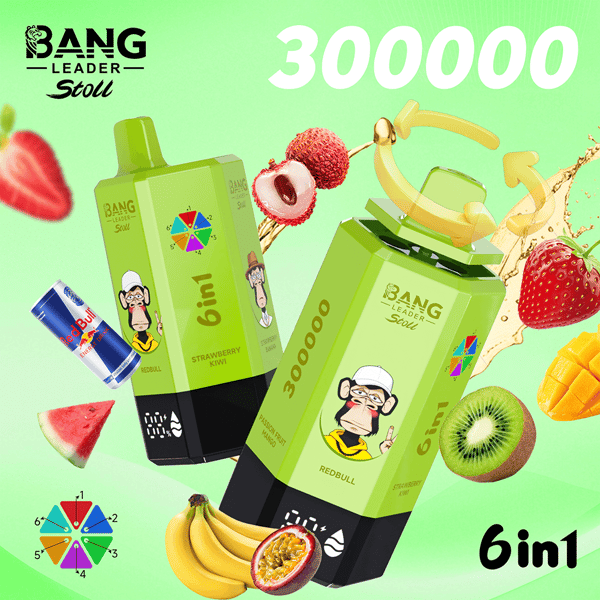 Dwa limonkowe kartony po napojach 6w1 Bang Leader Stoll z logo kreskówkowej małpy stoją na jasnozielonym, gradientowym tle, otoczone obrazami owoców, w tym truskawek, malin, kiwi, mango i bananów, z dużym tekstem '300000' u góry.