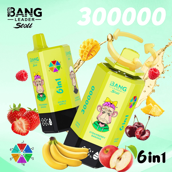Dwa limonkowe kartony po napojach 6 w 1 z postacią z kreskówki z przodu, na miętowo-zielonym gradientowym tle, otoczone truskawkami, bananami, mango, jabłkami i wiśniami, z dużym białym tekstem '300000' w górnej części.