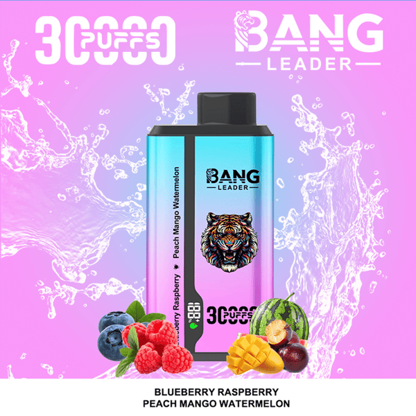 Bright pink-to-purple gradient background with splash patterns features a Bang Leader vape device with a tiger emblem, flanked by fruit and the label 30,000 puffs; the bottle displays the flavor mix Blueberry Raspberry Peach Mango Watermelon, with blueberries, raspberries, mango slices, and watermelon arranged at its base.