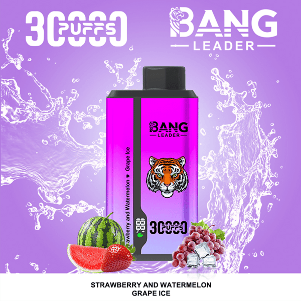 Purple Bang Leader vape bottle with a tiger emblem and black cap sits on a purple splash background, flanked by watermelon slices and grapes, labeled Strawberry and Watermelon Grape Ice with a '30,000 puffs' note at the top.