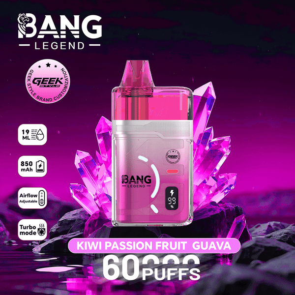 Vape jetable Pink Bang Legend avec un corps rose transparent, représenté parmi des cristaux violets, étiqueté Kiwi Passion Fruit Guava et 60 bouffées, avec des icônes pour 19 ml d'e-liquide, une batterie de 850 mAh, un débit d'air réglable et un mode turbo.