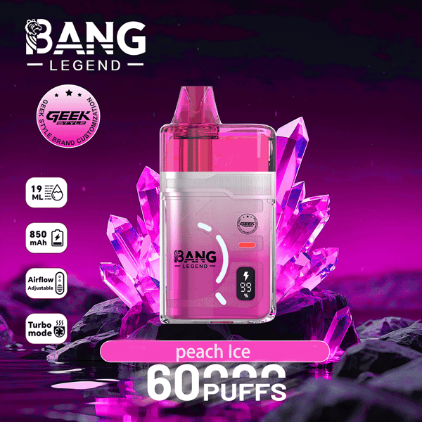 Vape Pink Bang Legend au goût de glace à la pêche, embout rose clair, entouré de cristaux violets, annonçant 60 000 bouffées.