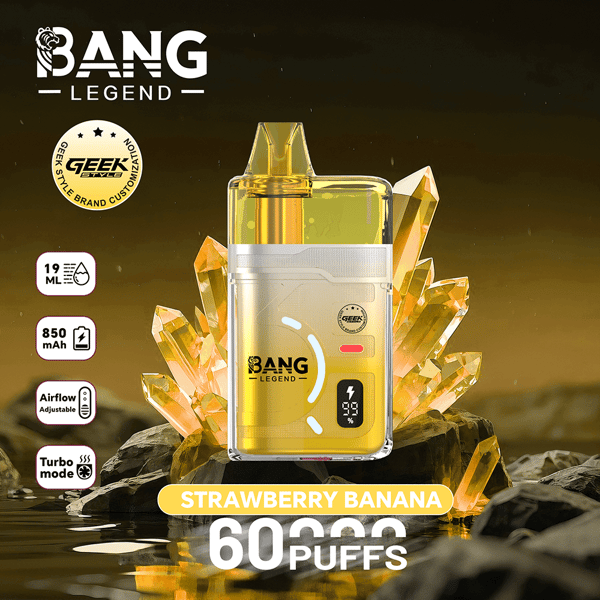 Une vape jetable Bang Legend avec une cartouche jaune translucide et un corps argenté, positionnée parmi des formations de cristaux orange, étiquetée bien en évidence Strawberry Banana et 60 bouffées.
