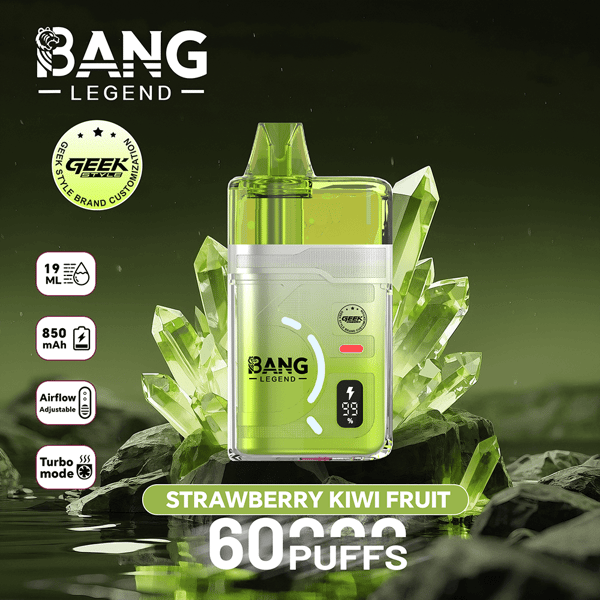 Une vape jetable Bang Legend vert citron avec un corps transparent, présentant la saveur Strawberry Kiwi Fruit et une étiquette ' 60 PUFFS ' bien visible, sur un fond de cristal vert avec des icônes pour 19 ml, 850 mAh, un débit d'air réglable et un mode turbo.