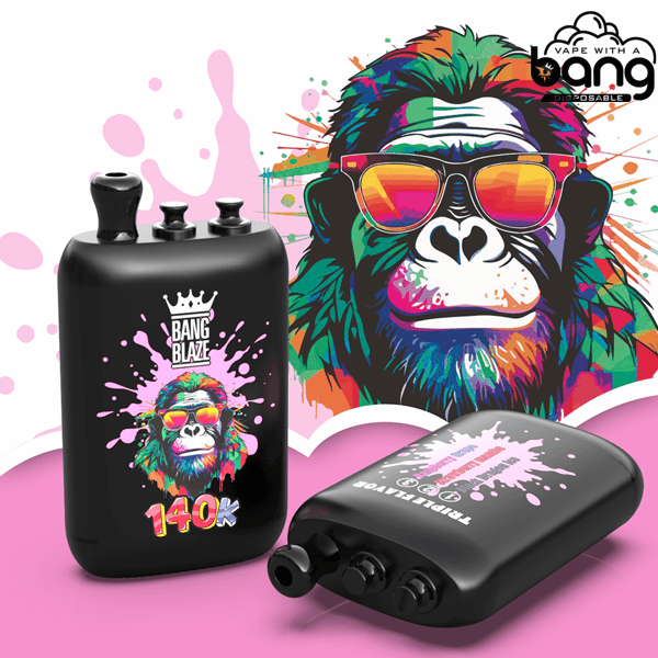 Vape usa e getta Black Bang Blaze con un gorilla colorato che indossa occhiali da sole e uno sfondo con schizzi di vernice rosa con 140K.