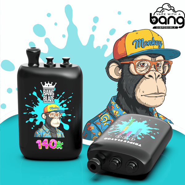 Chimpanzé de dessin animé portant une casquette colorée et une chemise hawaïenne à côté de deux appareils de vape jetables Bang noirs avec des illustrations turquoise.