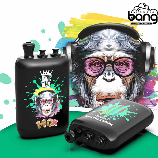 Mod di vaporizzazione nero con schizzi di vernice verde neon e logo Bang Blaze, accanto a un piccolo pod; sfondo colorato.