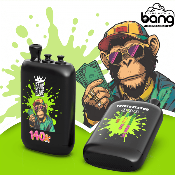 La scimmia cartone animato con berretto e occhiali da sole tiene contanti accanto a due dispositivi di vaporizzazione neri con simboli di vernice verde neon e il marchio Bang.