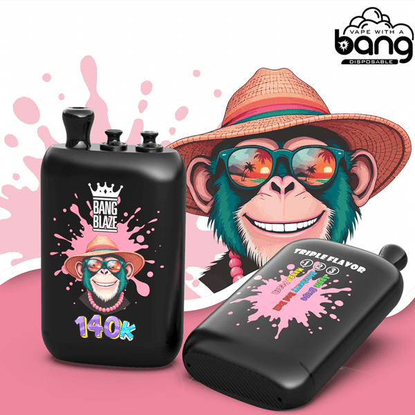 Dispositivo di vaporizzazione nero con grafica rosa con schizzi di vernice, logo Bang Blaze e testo da 140k, sullo sfondo di una figura di cartone animato che indossa un cappello.