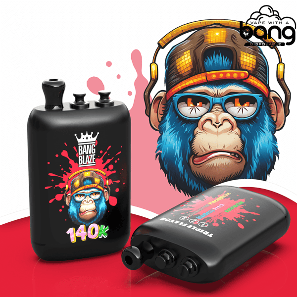 Dispositivi di vaporizzazione neri con una scimmia blu da cartone animato con occhiali e berretto arancione; grande gorilla con cuffie sullo sfondo.